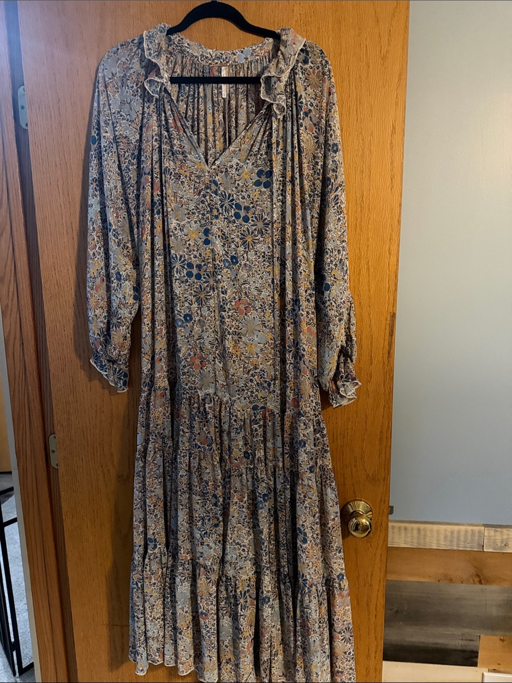 Free People Floral Tiered Maxi Dress in Beige, Blue and Mustard NWOT
